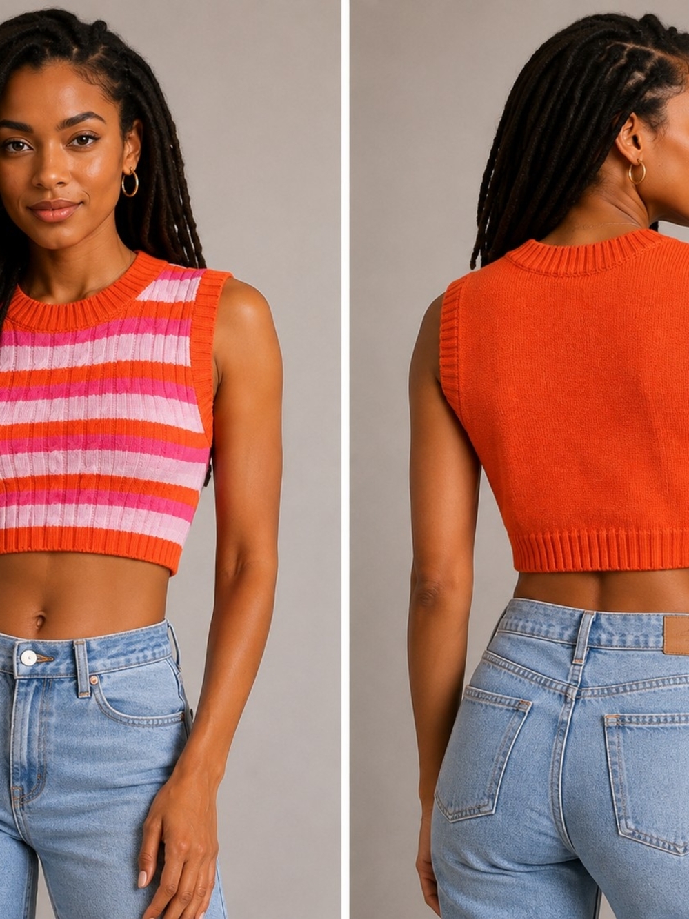 Women's Sleeveless Striped Knit Crop Top - Orange, Pink & White